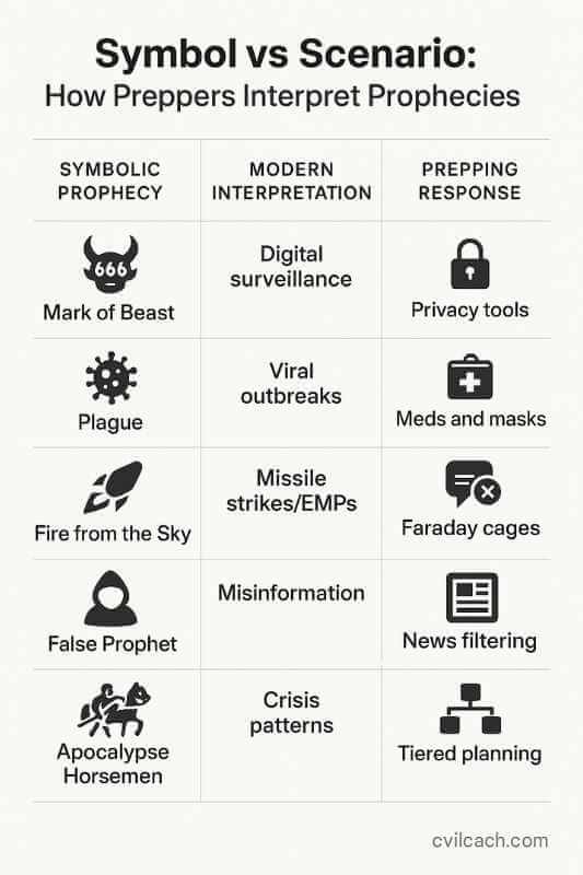 Infographic comparing prophetic symbols with modern interpretations and prepper responses