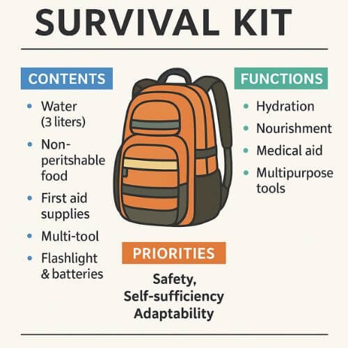infographic showing a 72-hour survival kit with water, food, first aid, tools and key survival priorities