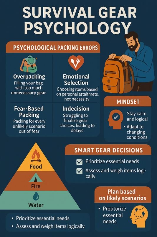 survival gear psychology infographic with mindset and packing logic
