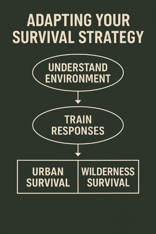 survival strategy infographic comparing urban and wilderness mindset flow
