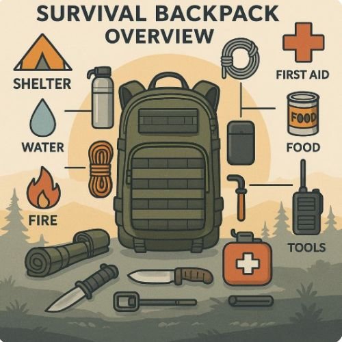 survival backpack overview with essential gear icons