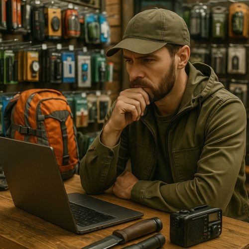 survivalist comparing gear on laptop surrounded by emergency tools and bug-out equipment