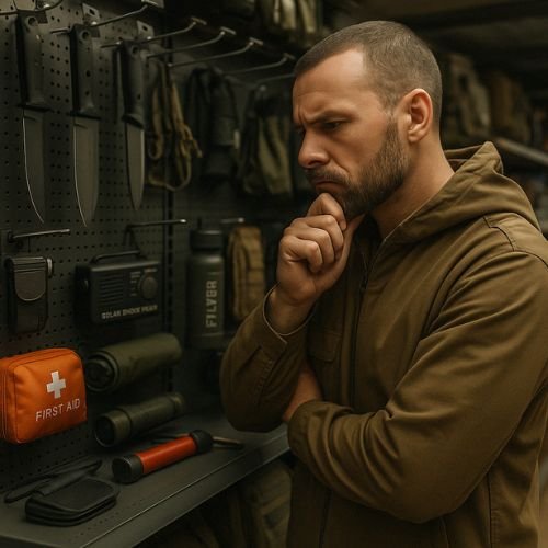 man thoughtfully examining survival gear in store aisle with shelves full of equipment