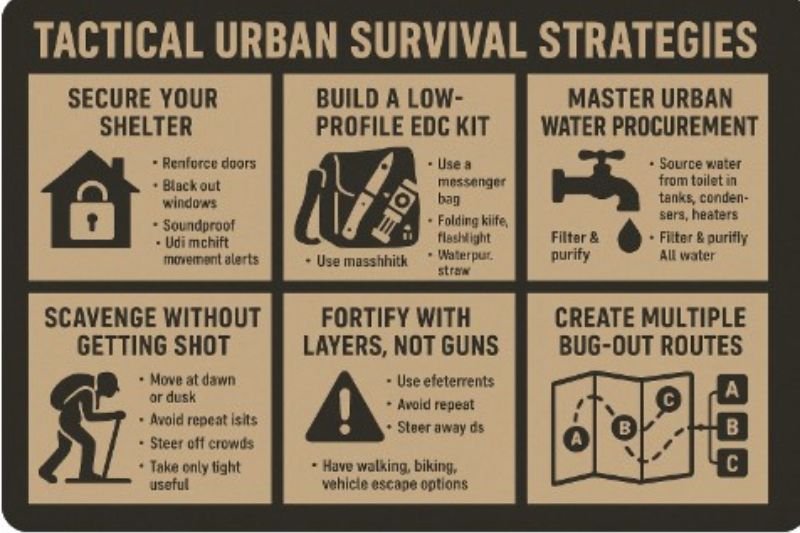 Wide infographic showing 6 tactical urban survival strategies including shelter defense, EDC gear setup, water procurement, scavenging safely, passive fortification, and multiple escape routes.