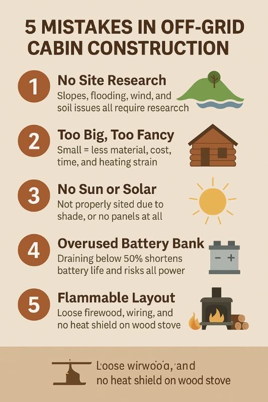 infographic showing common mistakes in off-grid cabin construction such as poor insulation, water access, oversized design