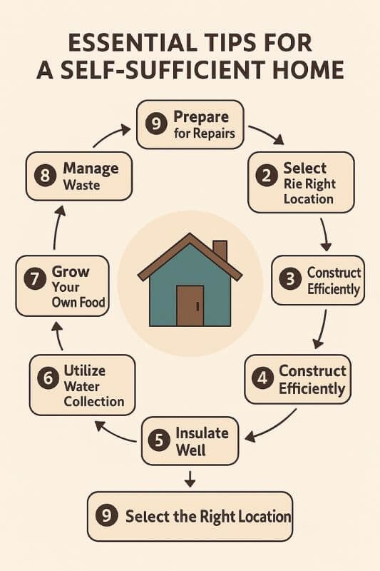 infographic showing storage, loft use, furniture optimization, and multifunctional layout tips for off-grid tiny homes