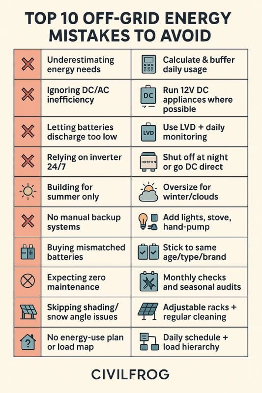 infographic listing common off-grid energy mistakes like poor battery use, wrong inverter sizing, and lack of load planning