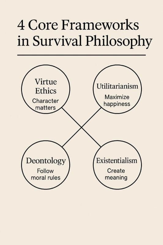 diagram showing four survival philosophy types: virtue ethics, utilitarianism, deontology, existentialism