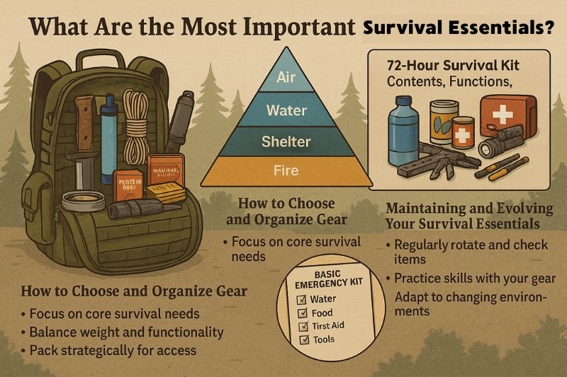 realistic infographic summarizing key survival essentials including gear, needs hierarchy, 72-hour kit and maintenance tips