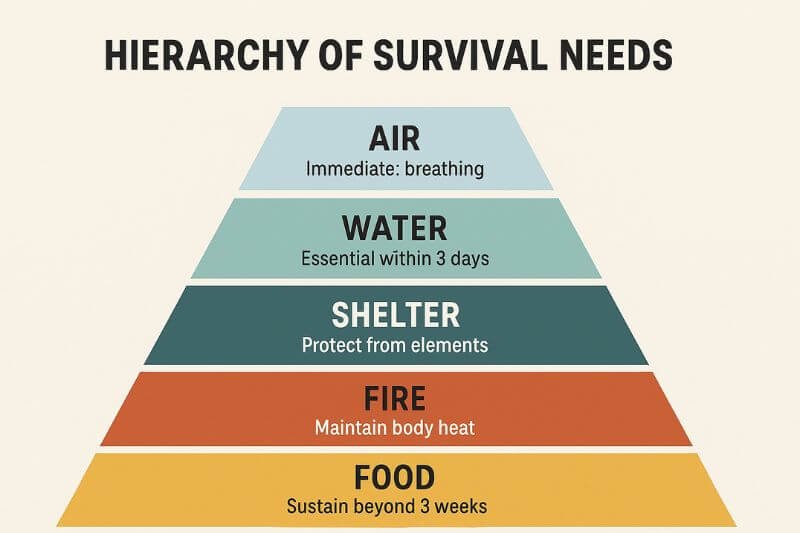 infographic showing the hierarchy of survival needs: air, water, shelter, fire, and food