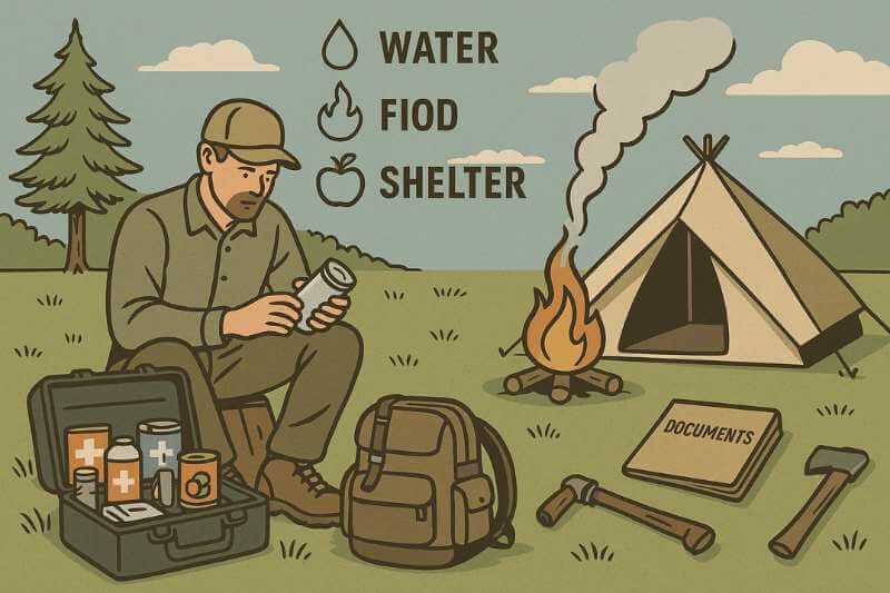survivalist with emergency kit essentials: water, food, fire, shelter