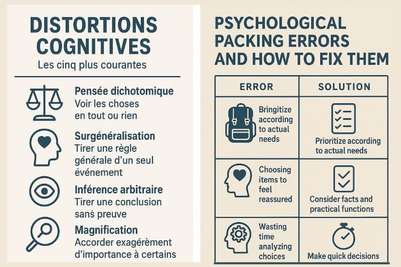 survival gear psychology infographic with common packing mistakes and solutions