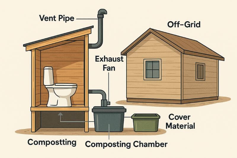 composting toilet off-grid diagram showing airflow and compost chamber