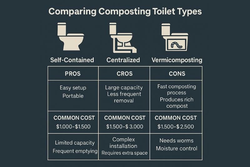 infographic comparing off-grid composting toilet types and costs