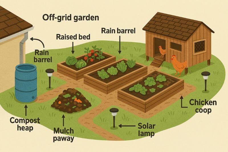 off-grid gardening diagram with raised beds, rain barrels, compost heap, and chicken coop