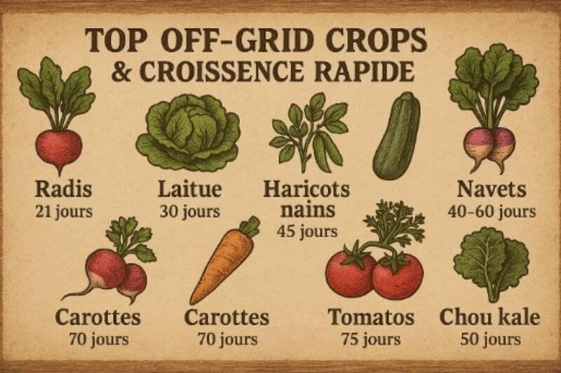 infographic showing radish, lettuce, beans, turnips, and tomatoes with harvest days