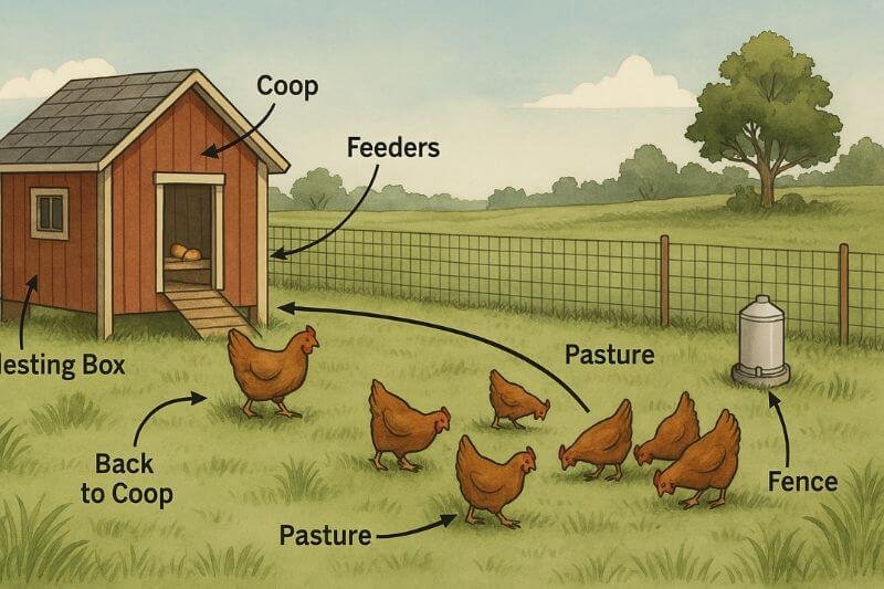 schematic diagram of off-grid chicken farming showing coop, rainwater, compost, and egg cycle