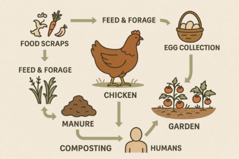 diagram showing egg production, composting, and garden fertilization in off-grid chicken farming