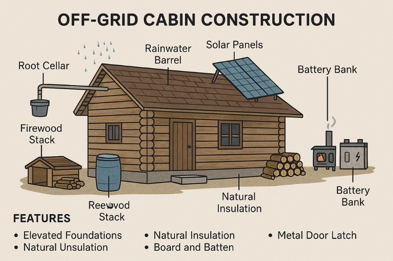 diagram showing off-grid cabin construction with solar panels, water system, compost toilet, and heating