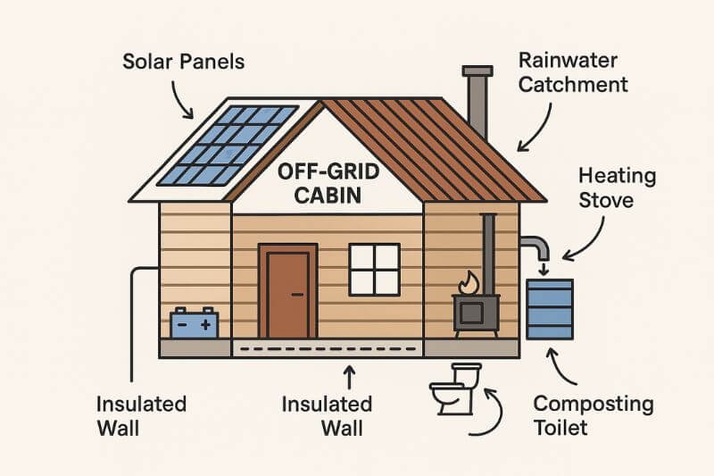 vector diagram of off-grid cabin with solar panels, rainwater system, wood stove, compost toilet, and garden integration