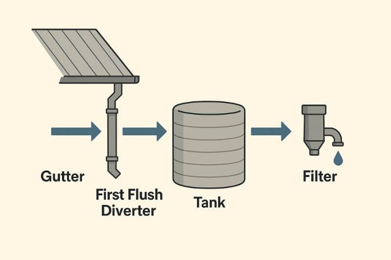 diagram showing rainwater harvesting system flow from roof to gutter, first flush diverter, filter, storage tank, and purification tap