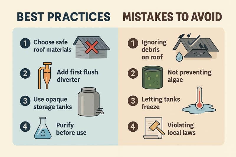 infographic showing best practices and common mistakes in off-grid rainwater harvesting including storage, filtering, and first flush setup