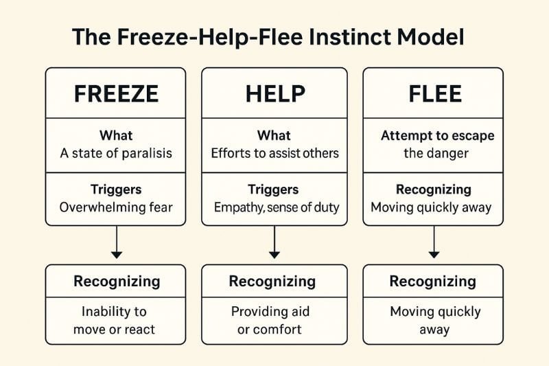 diagram showing the three primary survival instincts: freeze, help, flee
