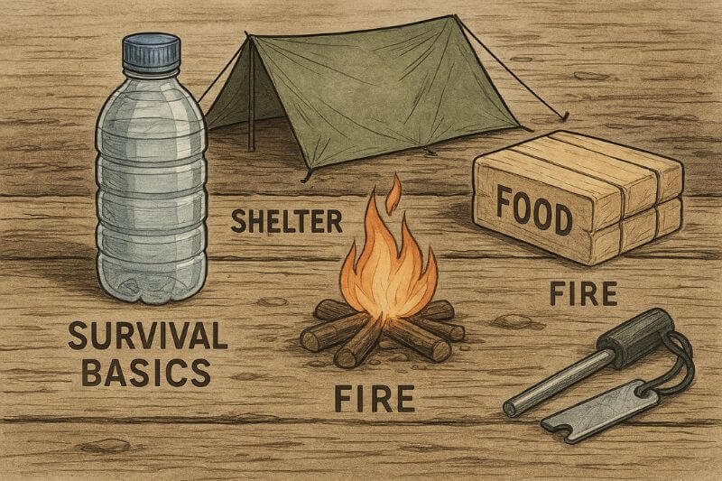 survival basics kit with water, tarp shelter, fire, food bars, ferro rod