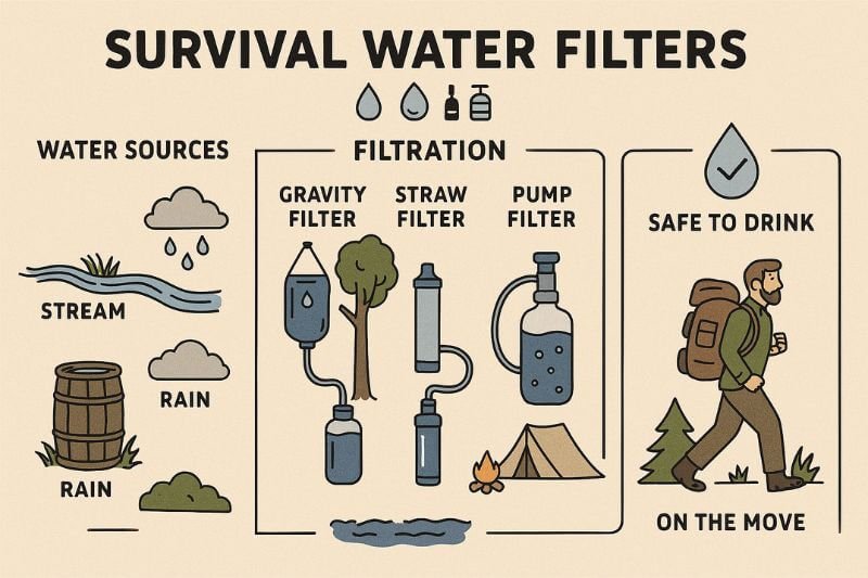 survival water filters infographic with sources and purification steps
