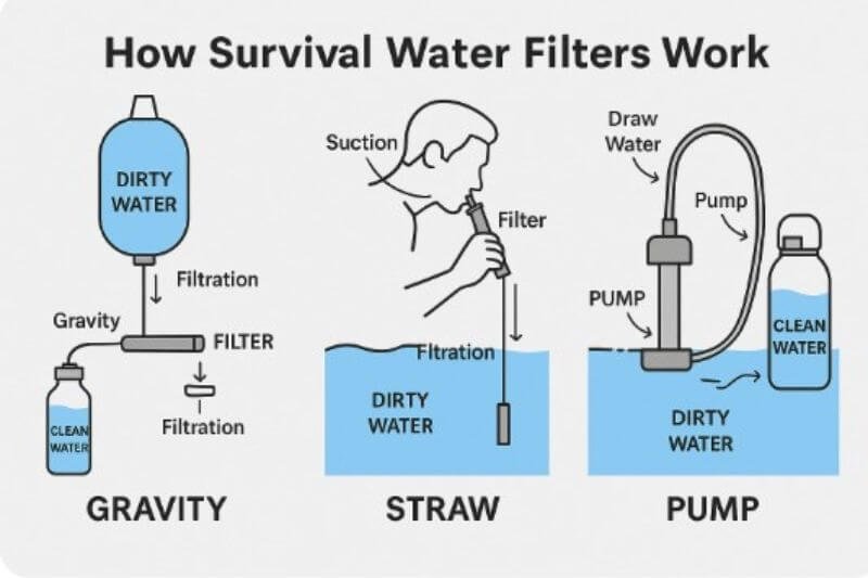 how survival water filters work explained by filter type