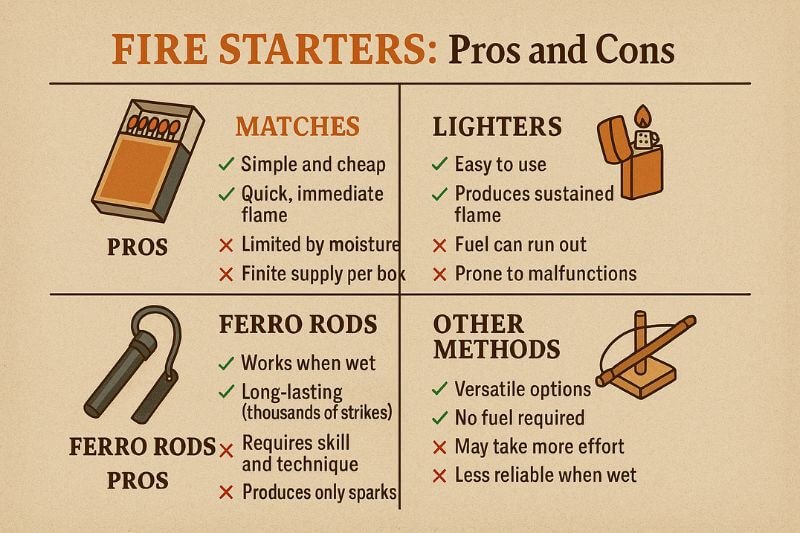 survival fire starters comparison infographic with pros and cons