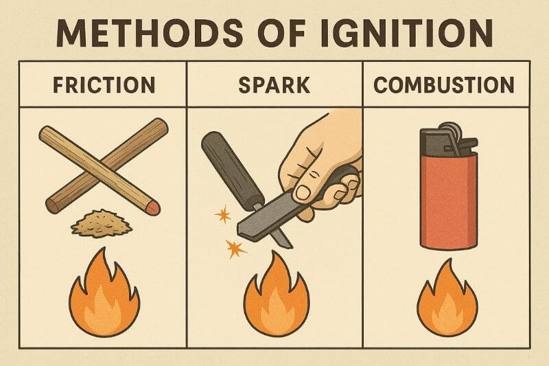 survival fire starters diagram friction spark combustion methods