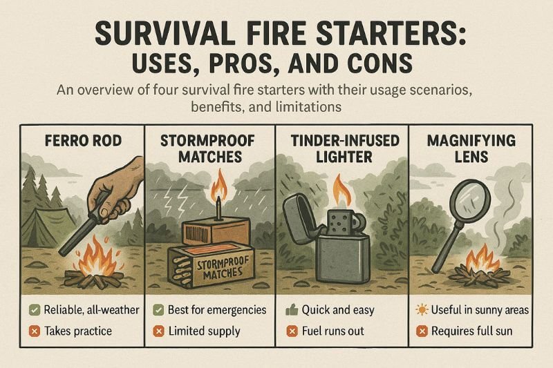 survival fire starters laid out with matches ferro rods and lighters