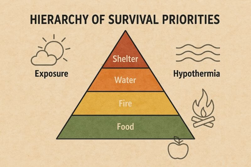 pyramid chart showing hierarchy of survival basics: shelter, water, fire, food