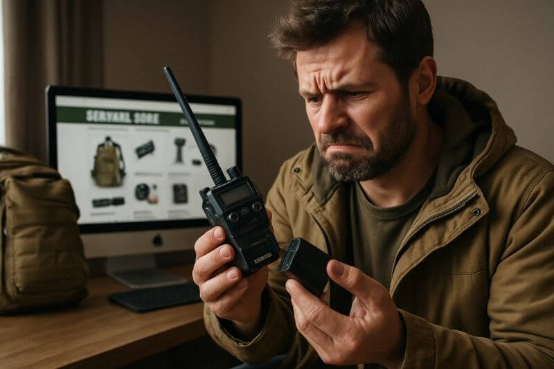 low quality survival gear survivalist examining broken tool