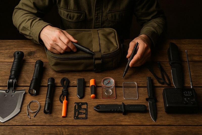survivalist showing overrated survival items spread out of a bug-out bag