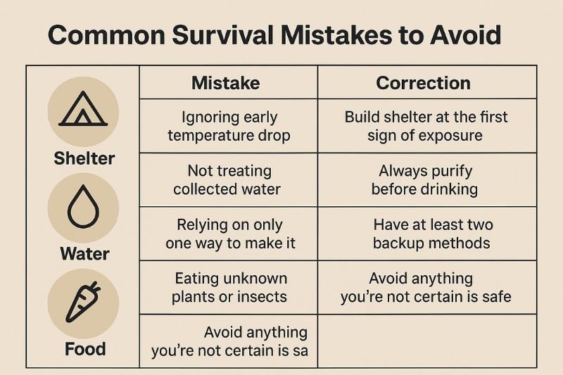 infographic survival basics mistakes shelter water fire food