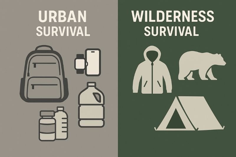 infographic comparing survival mistakes in urban vs wilderness settings