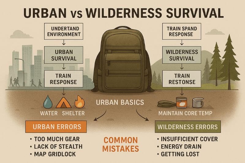 panoramic infographic summarizing urban and wilderness survival strategies and gear
