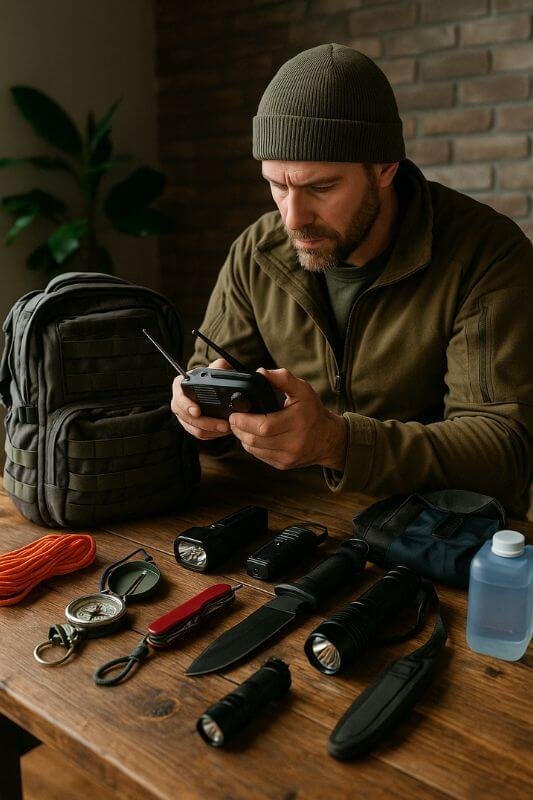 emergency tools for survivalists laid out and tested on wooden table
