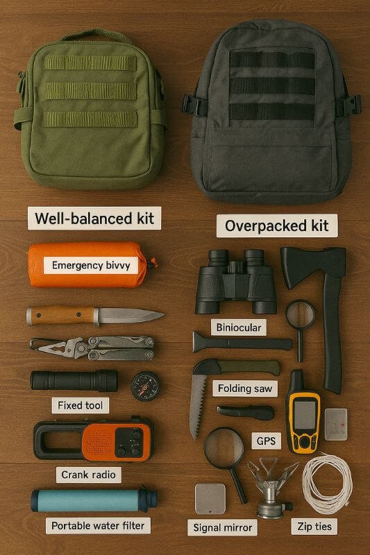 realistic layout showing well-balanced survival kit vs overpacked bag with unnecessary tools