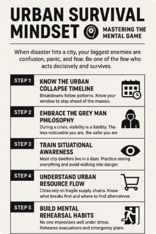Urban Survival Mindset Infographic – Mastering the Mental Game
Infographic showing 5 key steps to master urban survival mindset: timeline awareness, grey man strategy, situational awareness, resource planning, and mental rehearsal.