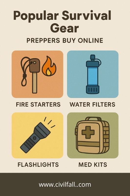 popular survival gear infographic showing fire starters water filters flashlights med kits