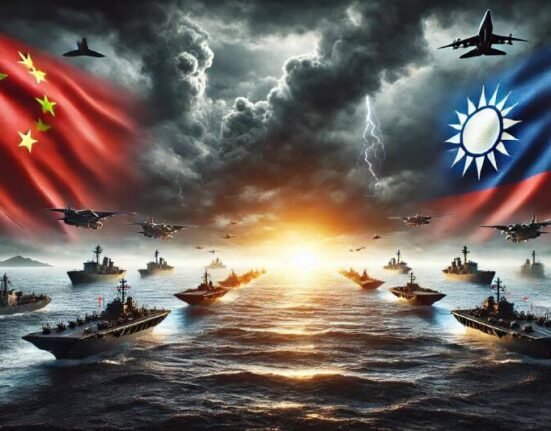 Military standoff between China and Taiwan with warships and flags