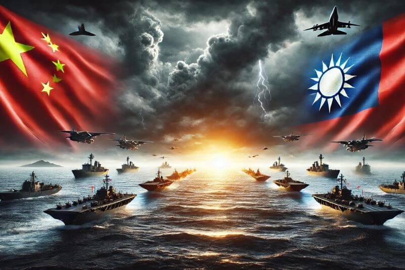 Military standoff between China and Taiwan with warships and flags