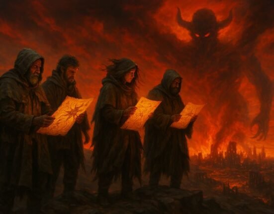 Survivalists interpreting glowing end-time prophecies while facing an apocalyptic demon over a burning city