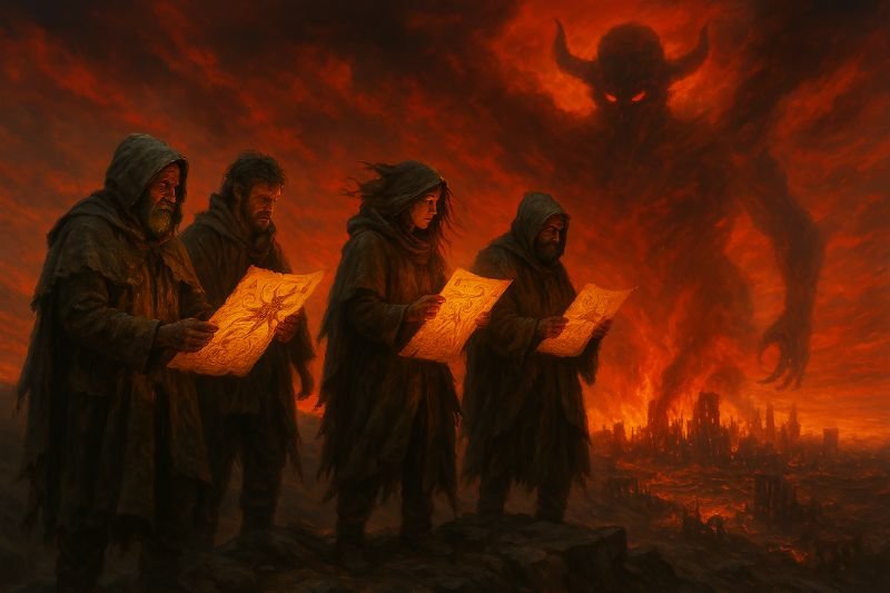 Survivalists interpreting glowing end-time prophecies while facing an apocalyptic demon over a burning city