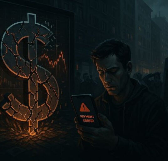 Illustration of digital dollar collapse showing broken currency symbol, closed ATMs, and failed payment systems