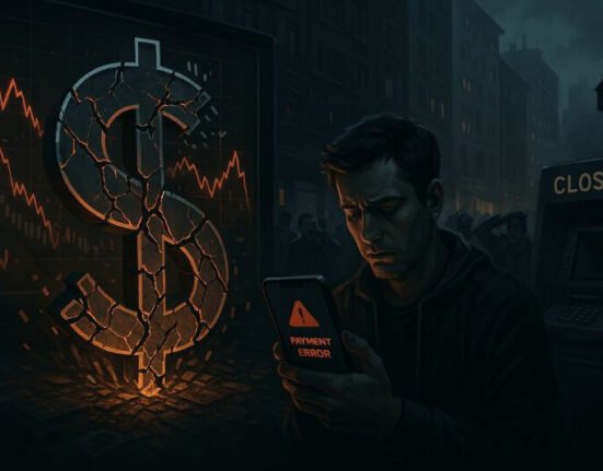 Illustration of digital dollar collapse showing broken currency symbol, closed ATMs, and failed payment systems