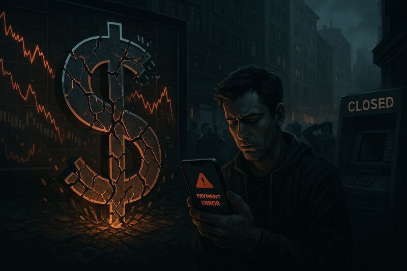 Illustration of digital dollar collapse showing broken currency symbol, closed ATMs, and failed payment systems